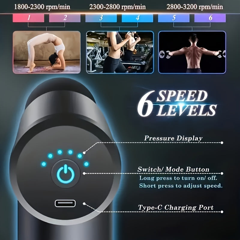 Portable Massage Gun, 4 Heads And 6 Speed Settings, LCD Display, Rechargeable Via USB, For Muscle Relief And Recovery
