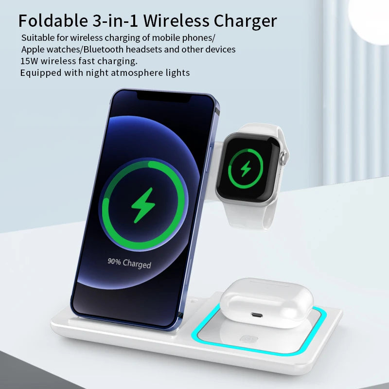 Wireless Charger Station Mobile Phone Power Bank Foldable Charger Smart Watch Charger OEM 3 in 1 for Airpods Earphones 2024